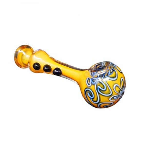 Yellow Handmade Glass Hand Pipe w- Blue Threaded Accents