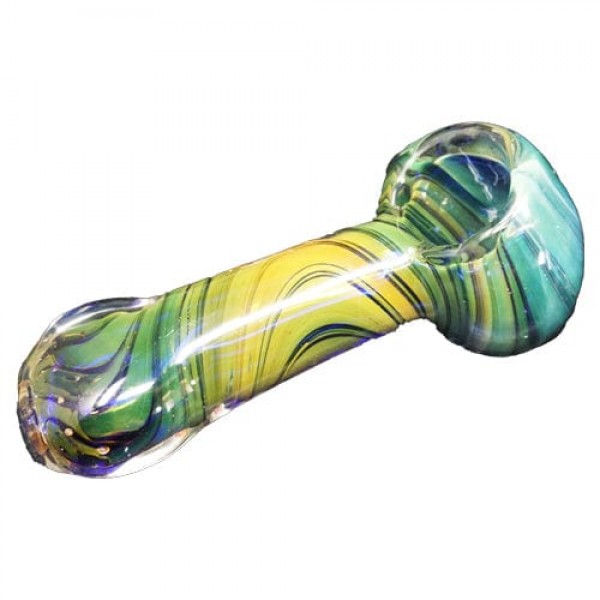 Blue & Yellow Handmade Glass Hand Pipe w- Wavy Fumed Accents
